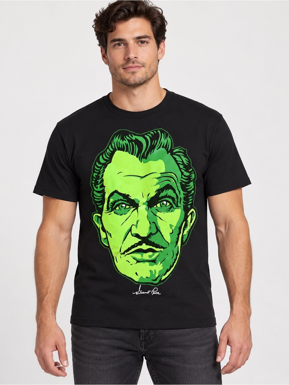 Vincent Prince horror Black Graphic Tee with Neon Green Face Print size M